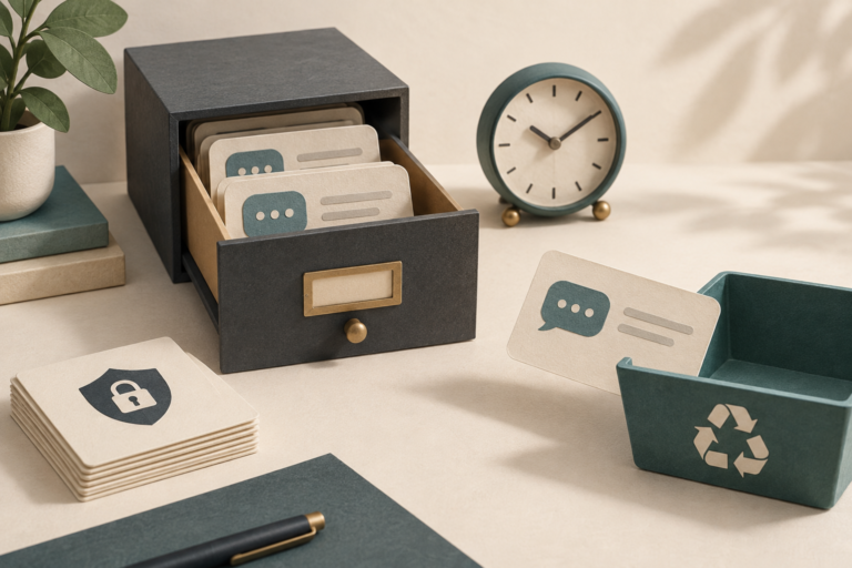 Conceptual conversation cards in a file drawer beside a clock and a recycling tray