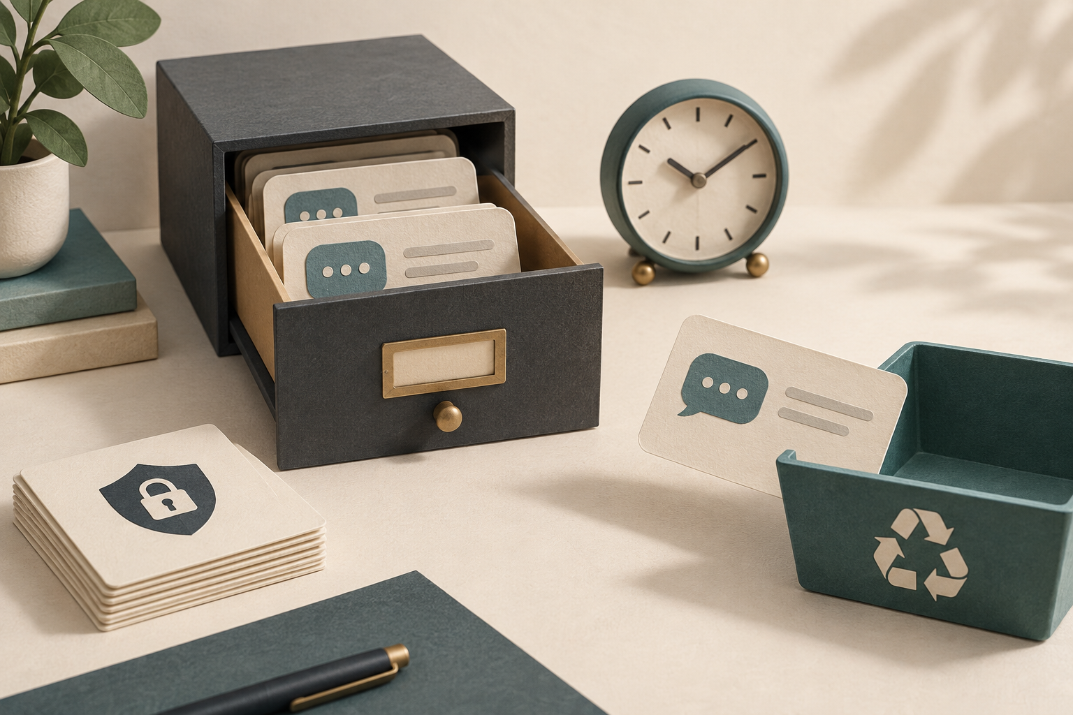 Conceptual conversation cards in a file drawer beside a clock and a recycling tray