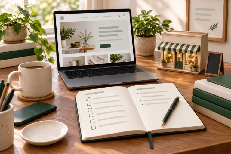 Notebook, laptop and miniature shop representing a small business SEO plan