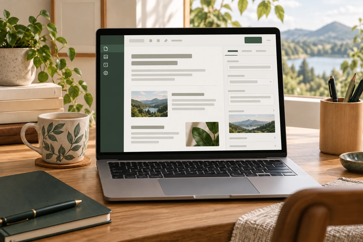 Laptop with a conceptual page editor and settings beside an owner’s notebook
