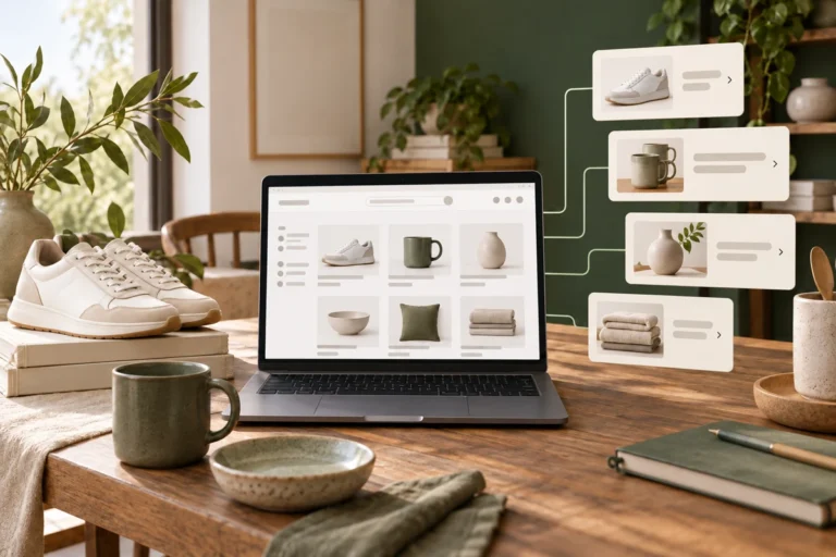 Products beside a conceptual catalogue grid representing ecommerce SEO