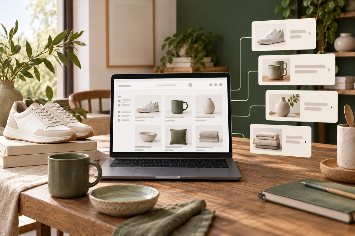 Products beside a conceptual catalogue grid representing ecommerce SEO