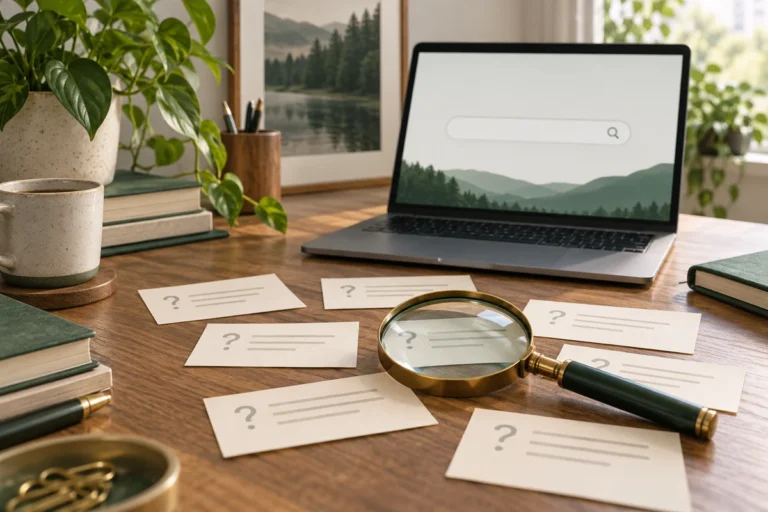 Customer question cards and a magnifying glass beside a laptop