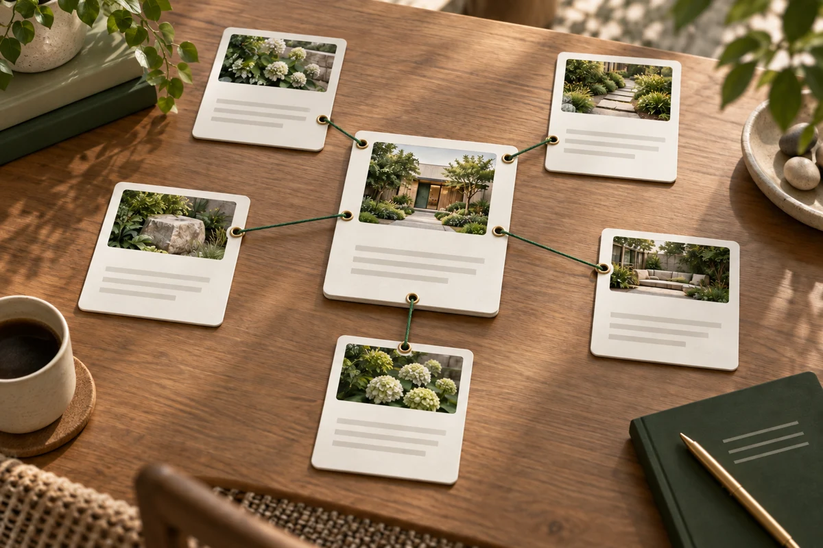 Page cards connected with threads representing internal website links