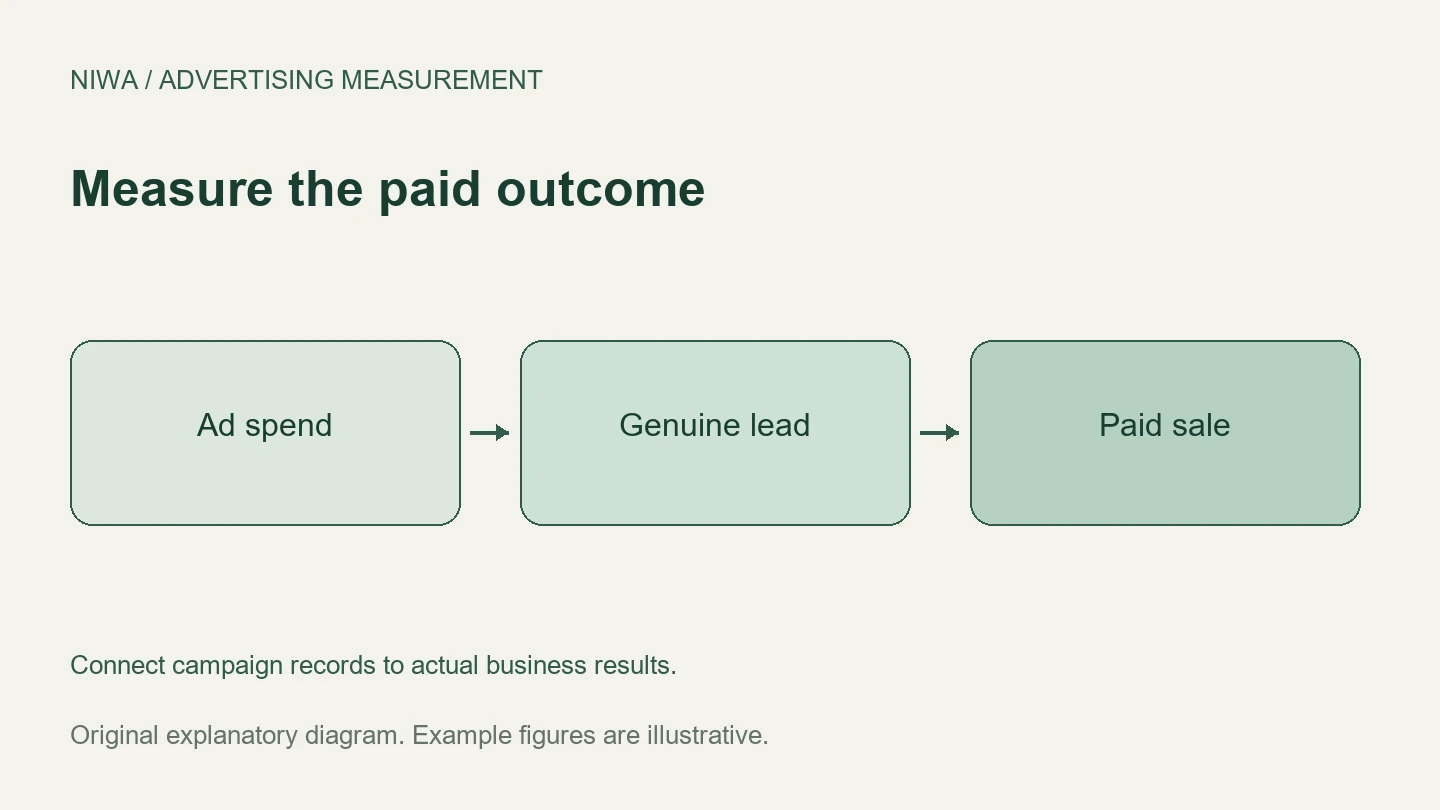 Measure the paid outcome: Ad spend, Genuine lead, Paid sale. Connect campaign records to actual business results.