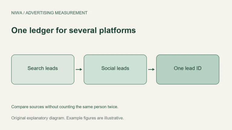 One ledger for several platforms: Search leads, Social leads, One lead ID. Compare sources without counting the same person twice.