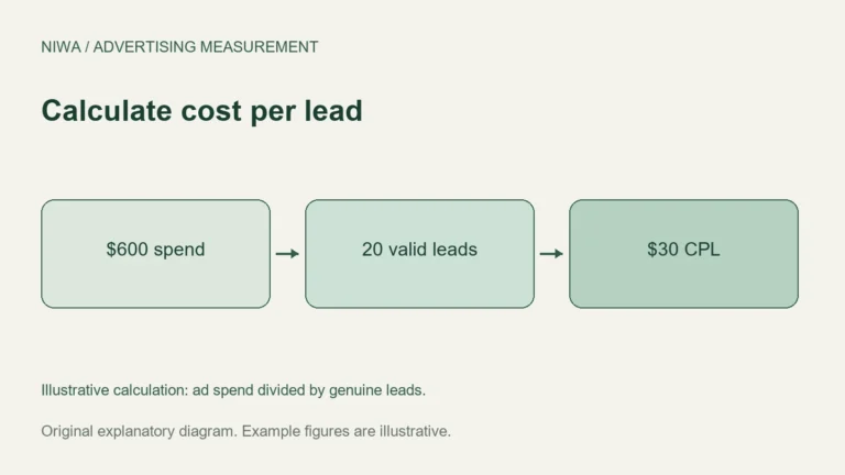 Calculate cost per lead: $600 spend, 20 valid leads, $30 CPL. Illustrative calculation: ad spend divided by genuine leads.