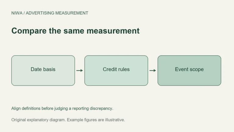 Compare the same measurement: Date basis, Credit rules, Event scope. Align definitions before judging a reporting discrepancy.