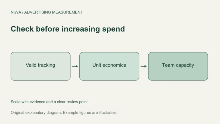 Check before increasing spend: Valid tracking, Unit economics, Team capacity. Scale with evidence and a clear review point.