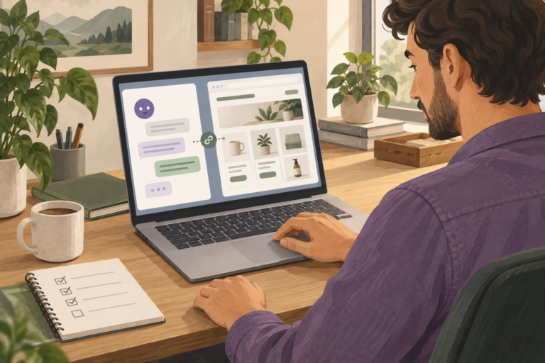 Illustrated business owner reviewing assistant messages and a website product catalogue on a laptop