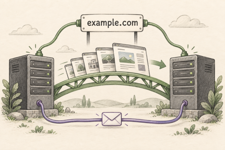 Illustrated website pages crossing a bridge between servers beneath an unchanged example.com address, with an email cable below.