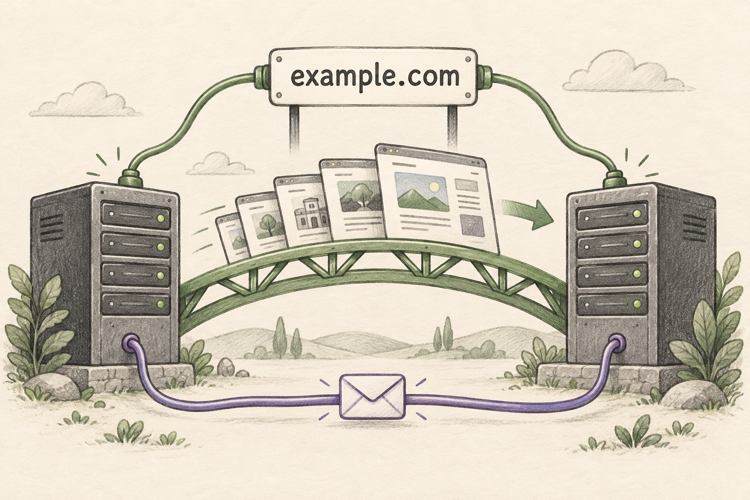 Illustrated website pages crossing a bridge between servers beneath an unchanged example.com address, with an email cable below.