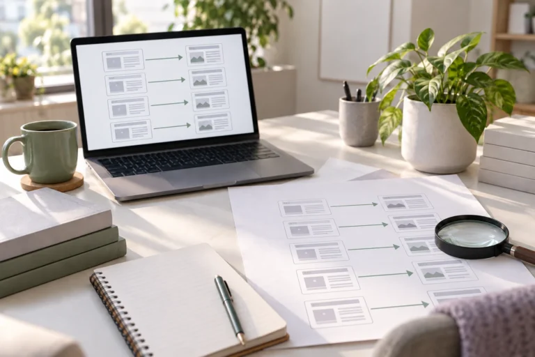 Laptop and paper diagram showing corresponding old and new website pages beside a magnifying glass
