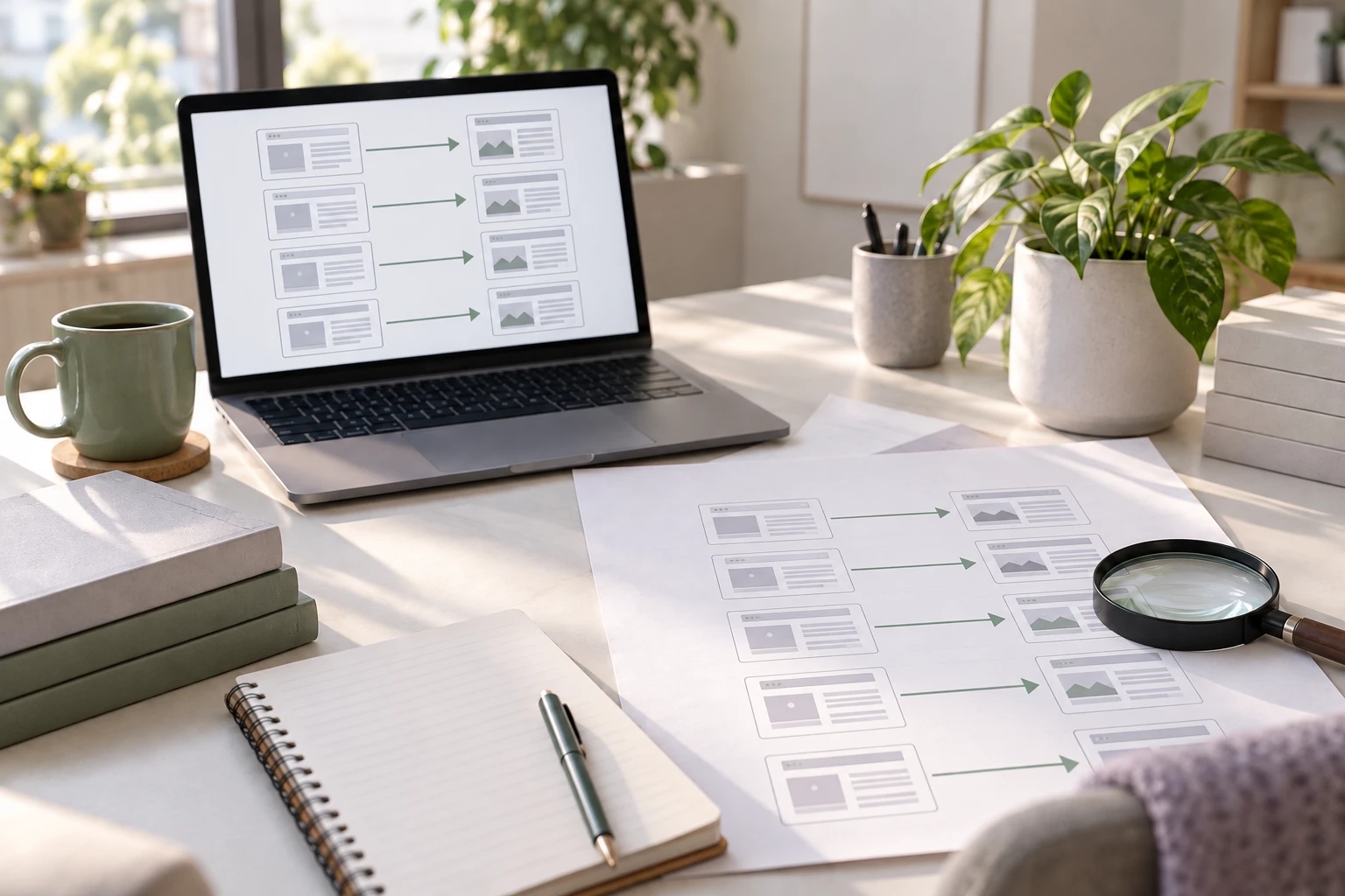 Laptop and paper diagram showing corresponding old and new website pages beside a magnifying glass