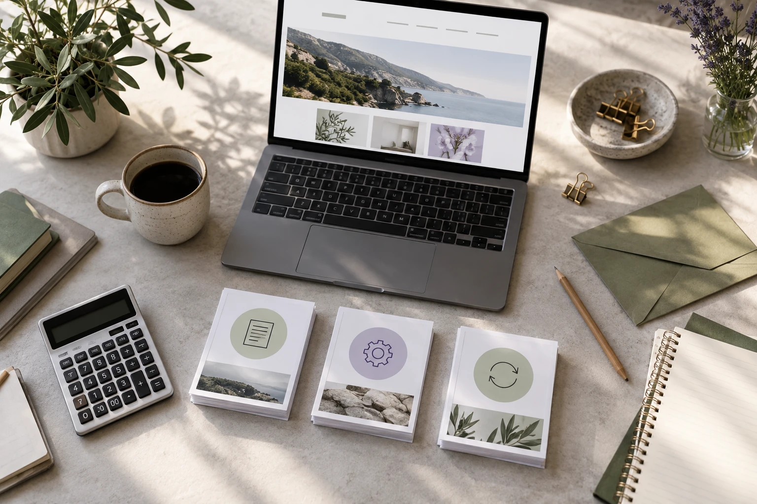 Calculator, website preview and three paper bundles representing migration work on a desk