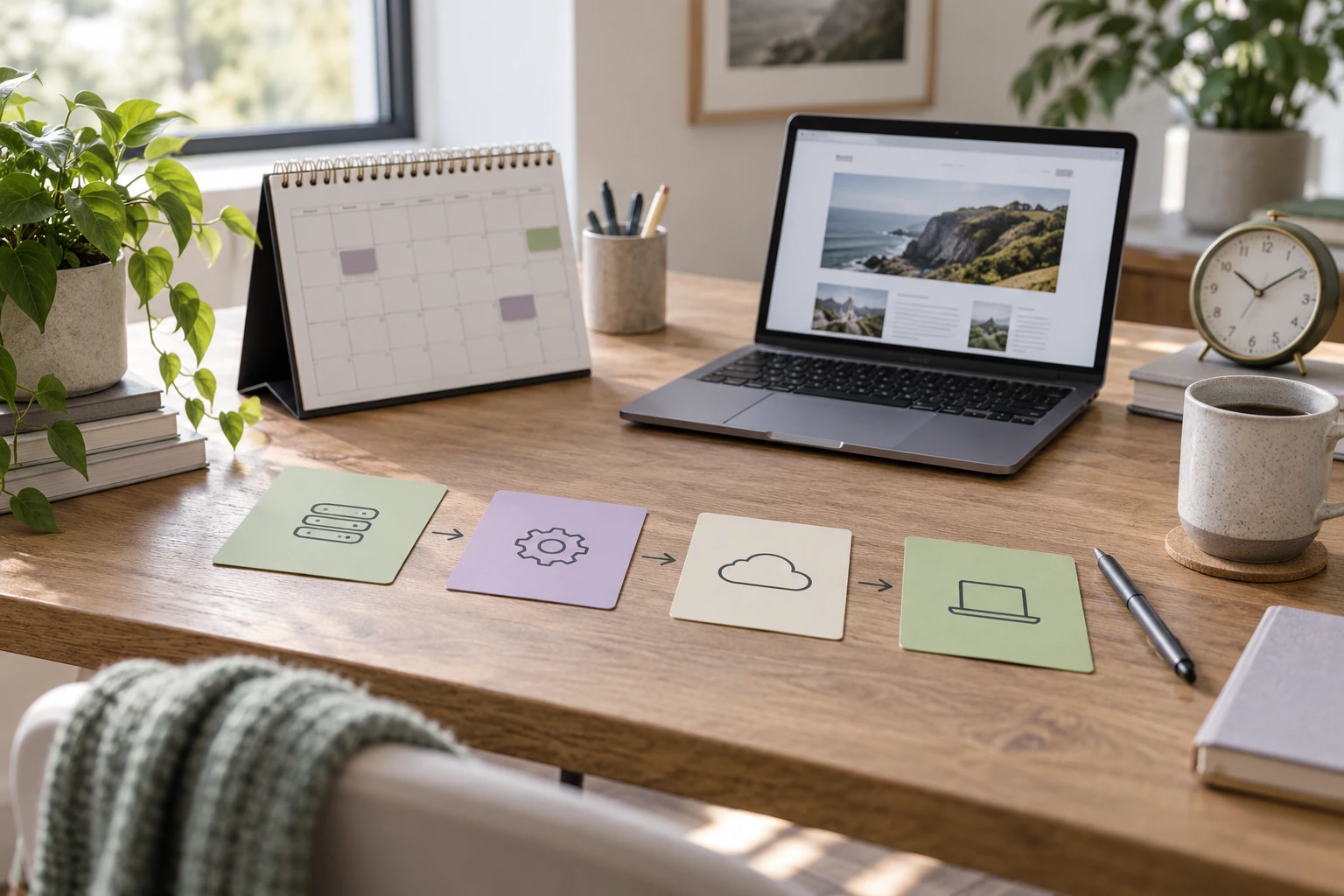 Calendar, clock and a sequence of project planning cards beside a website preview