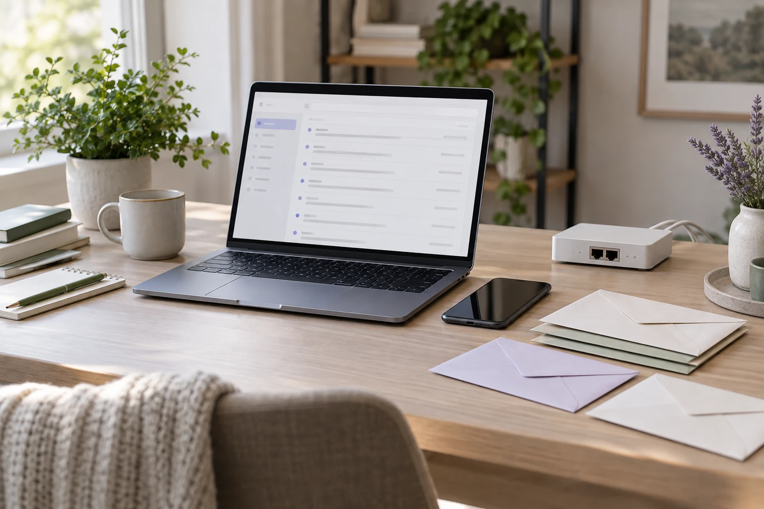 Email inbox on a laptop beside a phone, envelopes and a network device