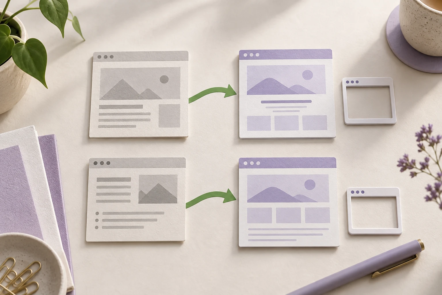 Two pairs of paper website pages connected by arrows to corresponding replacement pages