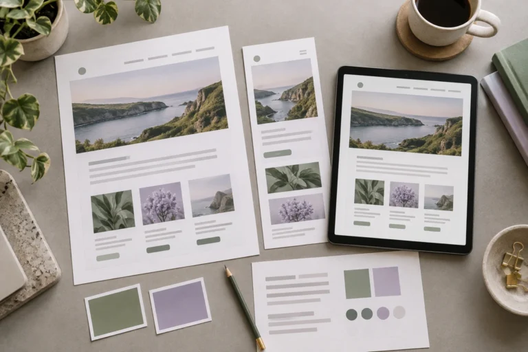 Desktop and mobile website reference layouts beside a tablet and matching color swatches