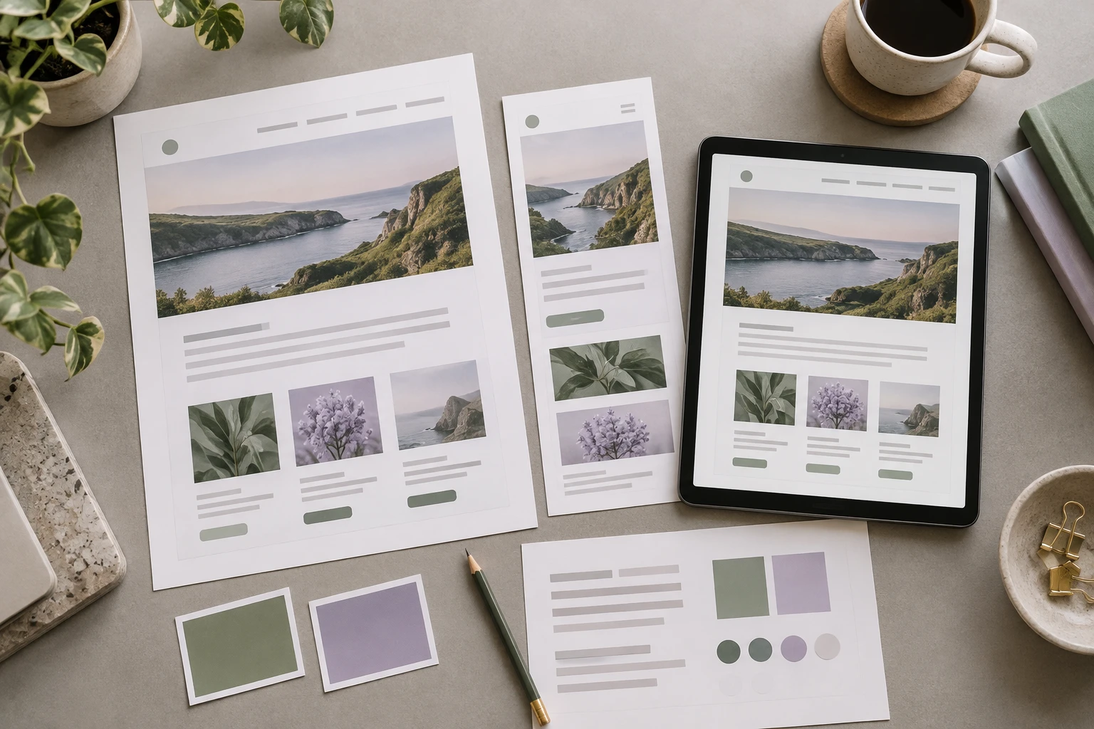 Desktop and mobile website reference layouts beside a tablet and matching color swatches