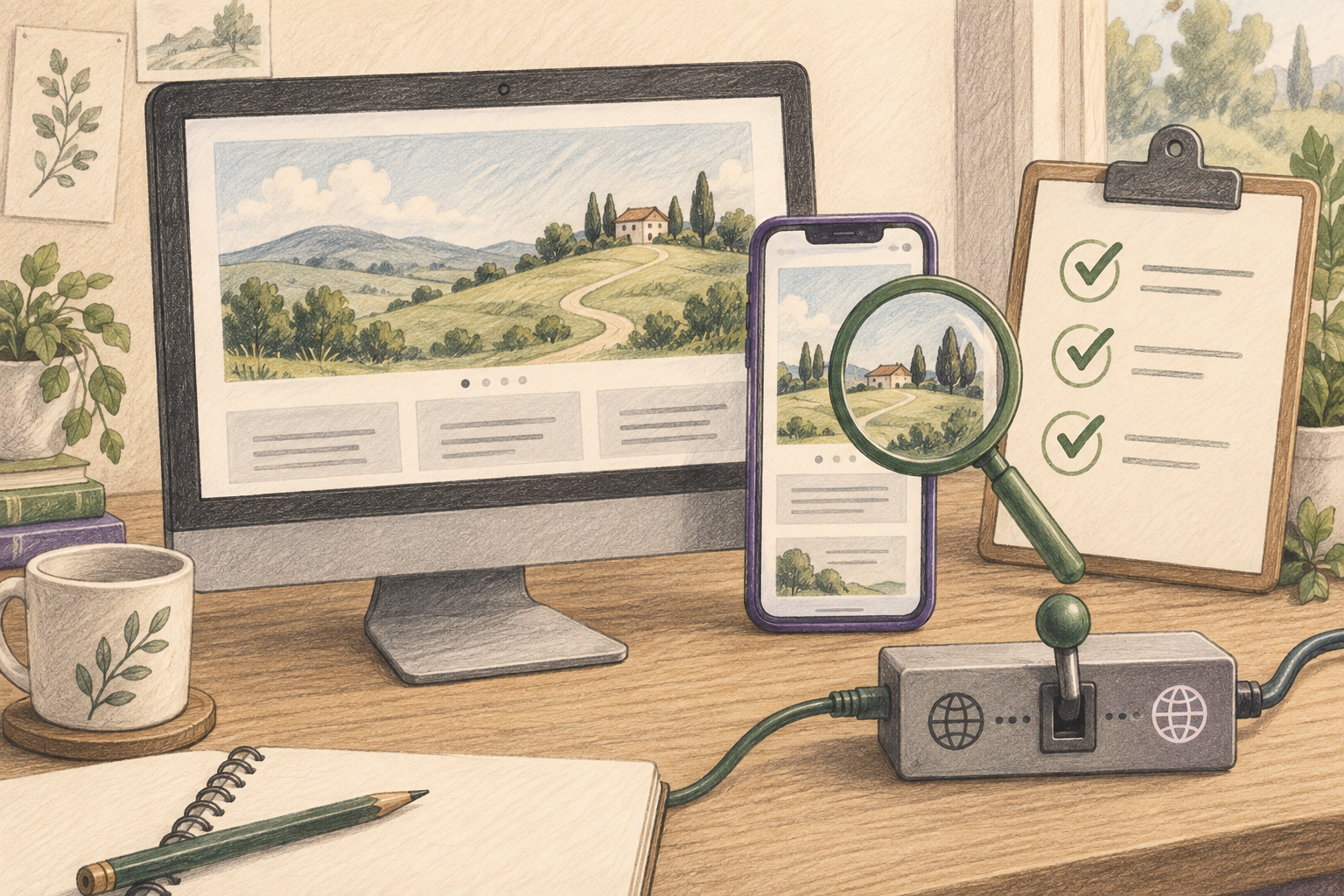 Illustrated desktop and mobile website layouts beside a magnifying glass, checked testing list and network switch.