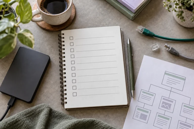 Ten-row migration checklist beside a backup drive, network cables and a website map