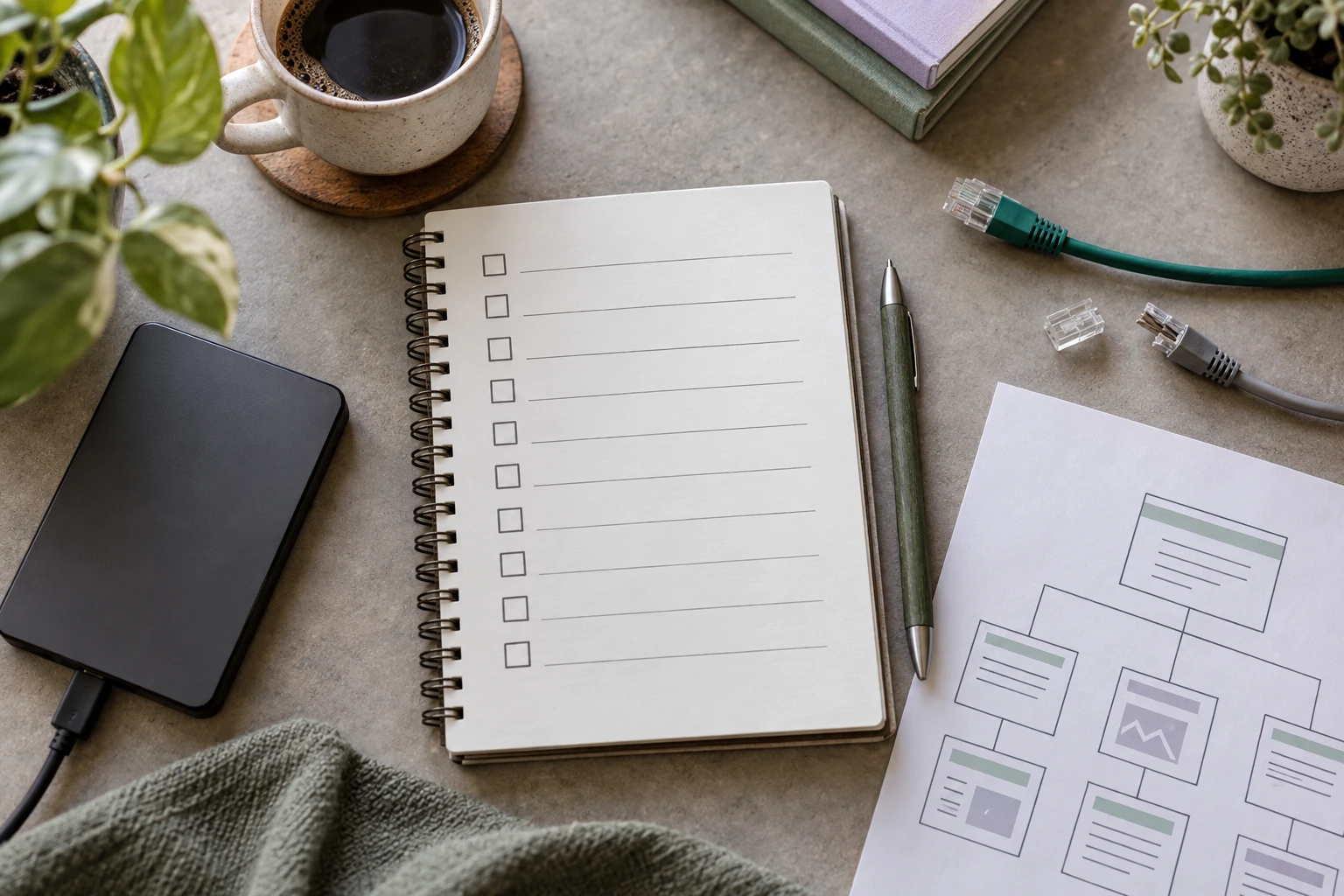 Ten-row migration checklist beside a backup drive, network cables and a website map