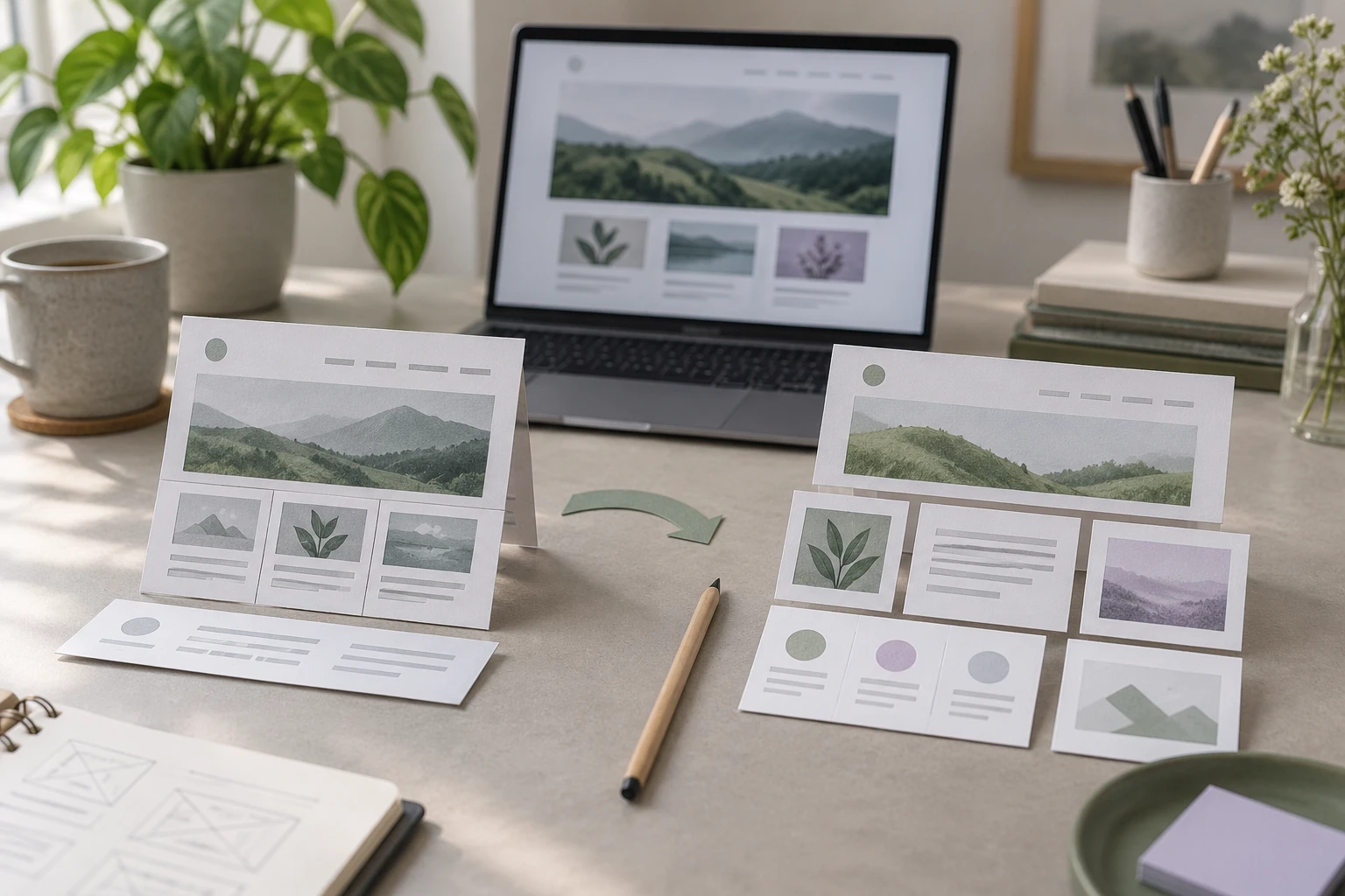 Existing website model and a modular replacement layout arranged side by side on a desk