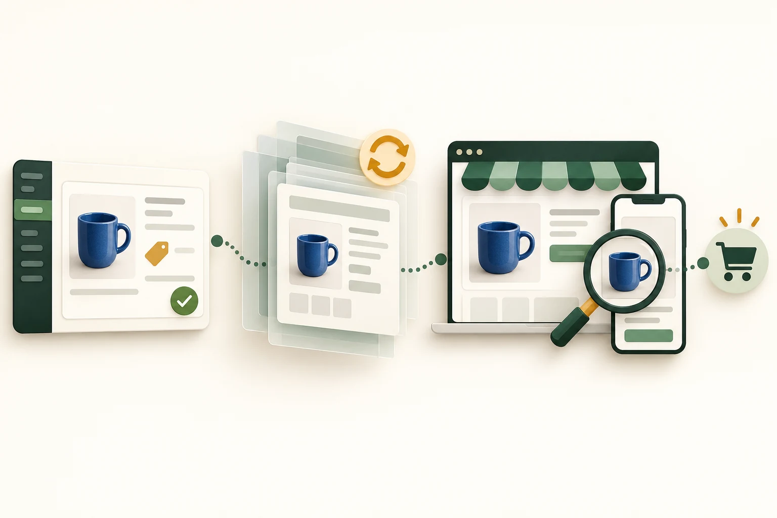Illustration of a blue mug moving from a saved product record through cached pages to desktop, mobile, and cart checks.