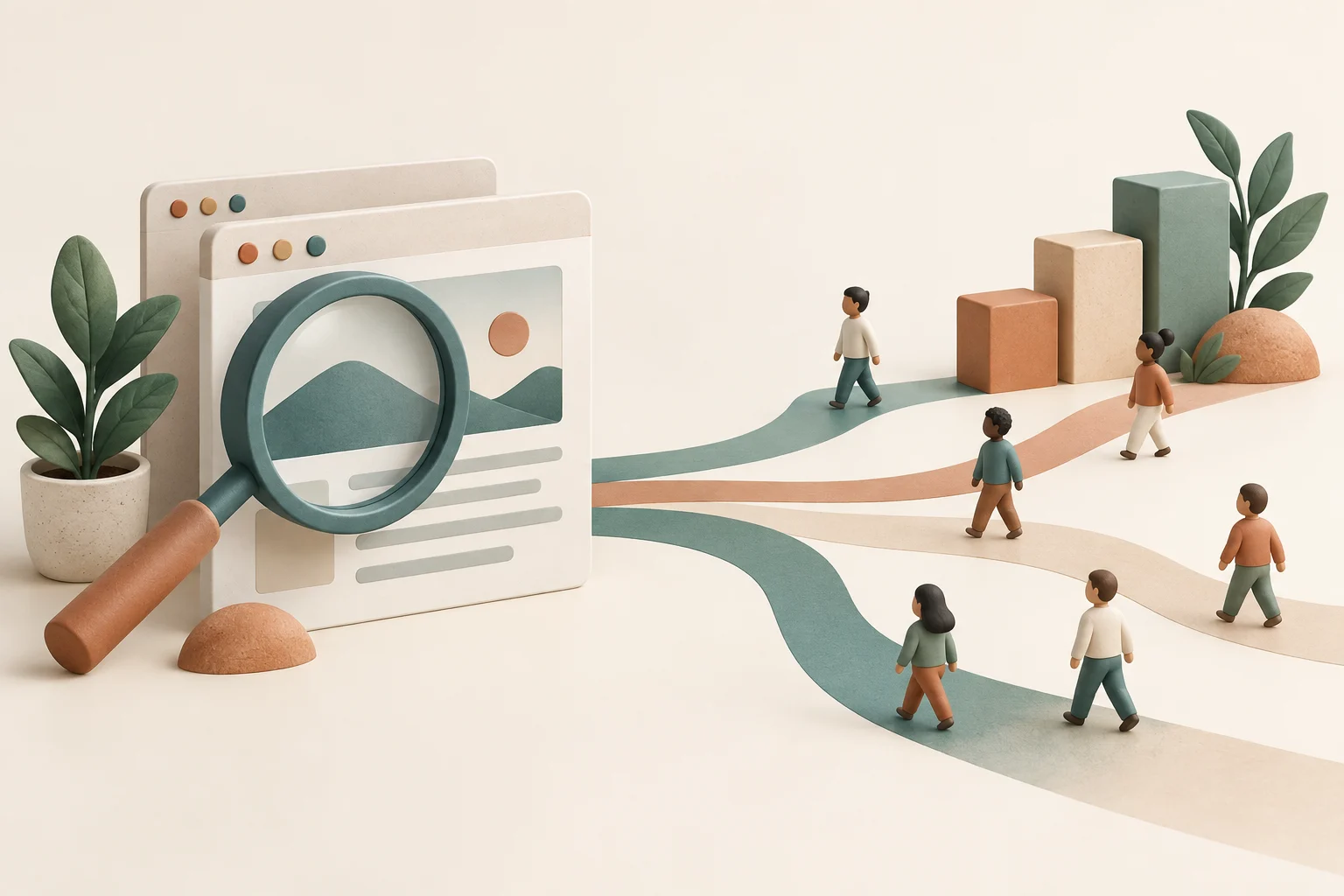 Conceptual illustration of search discovery paths connecting a website with visitors