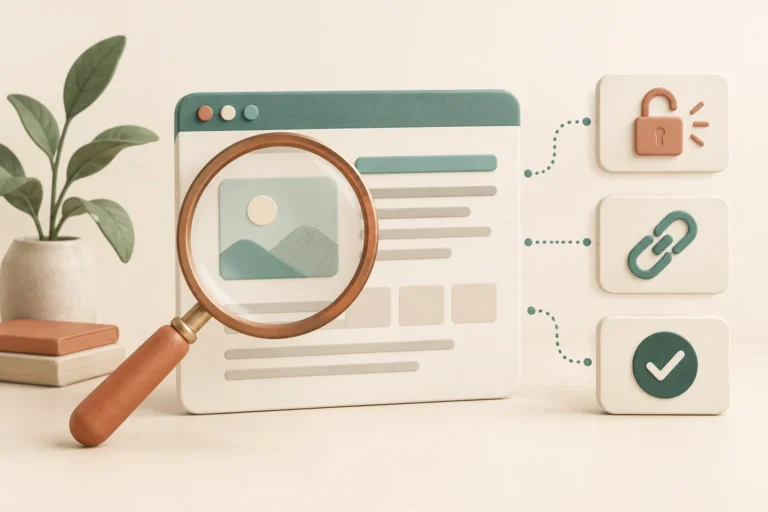 Magnifying glass over a conceptual website card beside access, link and check symbols