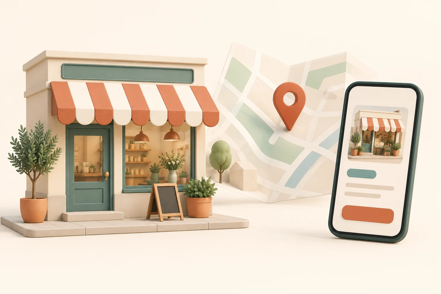 Conceptual neighborhood shop beside a map pin and a phone showing a business card