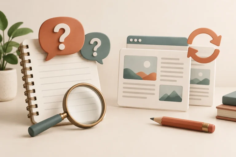 Conceptual article cards, customer question bubbles and a magnifying glass for content diagnosis
