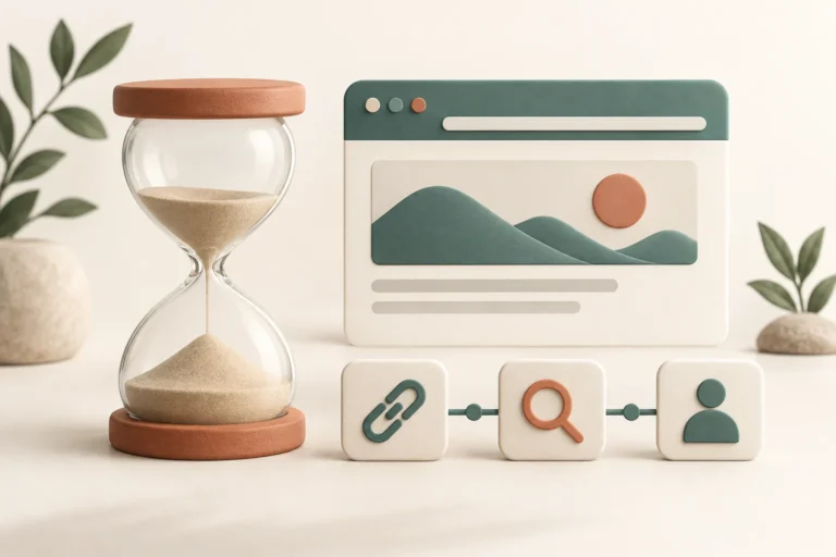 Conceptual hourglass beside a website card and discovery, inspection and visitor milestone symbols
