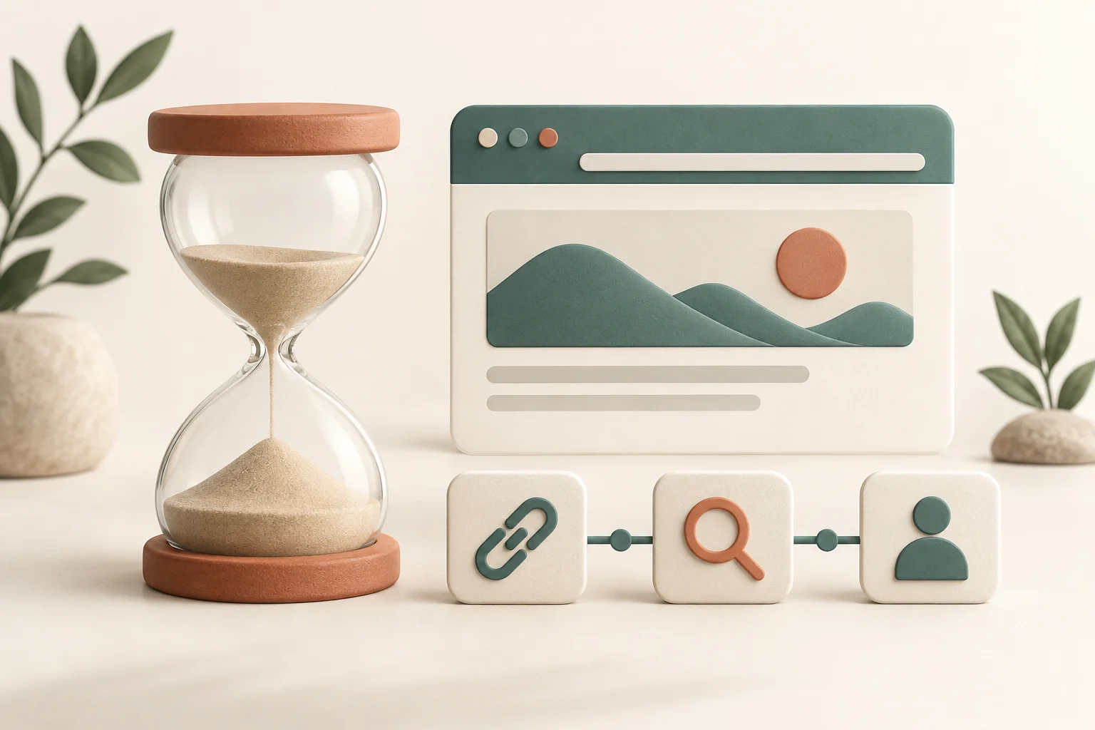 Conceptual hourglass beside a website card and discovery, inspection and visitor milestone symbols