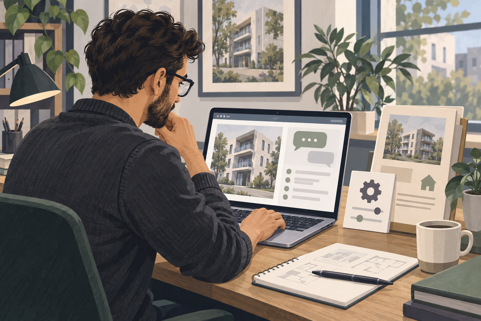 Painted illustration of a website technician configuring a property website assistant beside a settings card and floor plan.