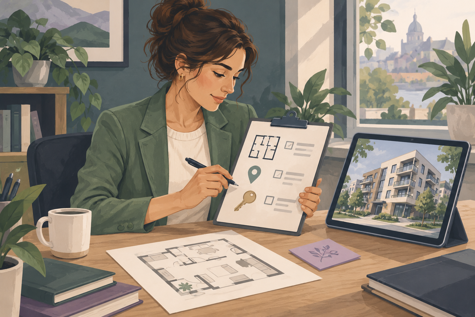 Painted real estate agent reviewing a buyer requirements checklist beside an apartment illustration and floor plan.