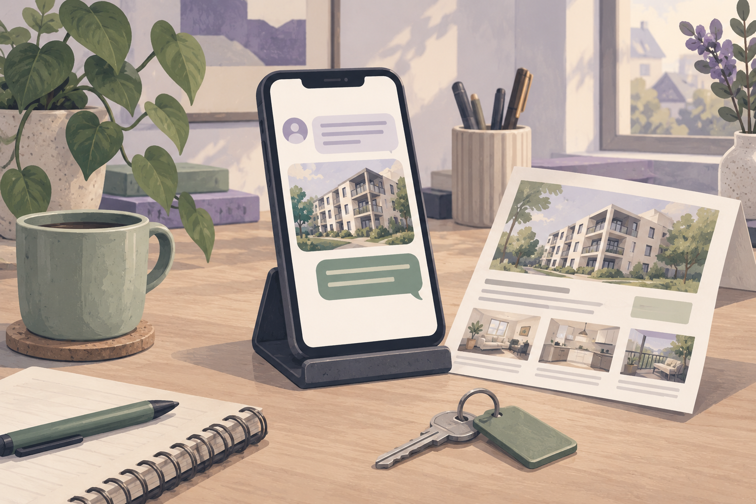 Painted smartphone showing a property enquiry and reply beside an apartment brochure and house keys.