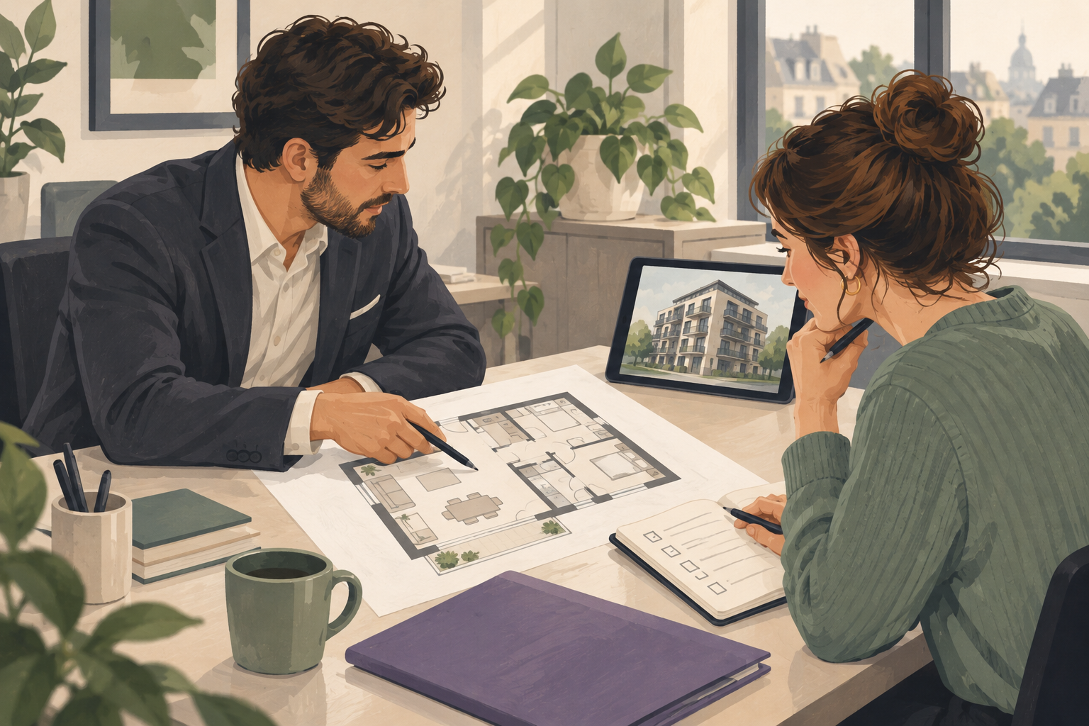Painted real estate agent and buyer discussing an apartment floor plan beside a requirements notebook and property tablet.