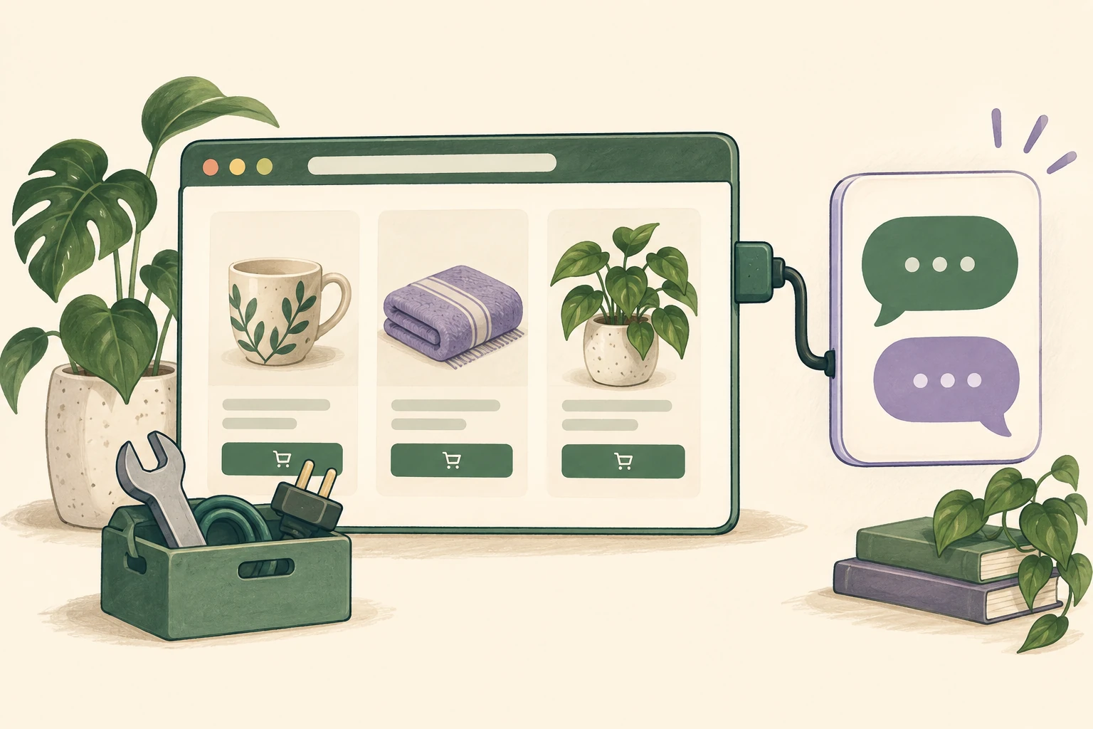 Illustrated online store connected to a customer assistance module beside a setup toolkit