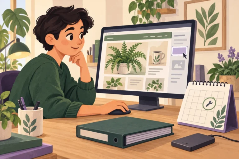 Illustrated website editor updating a plant shop page beside a maintenance calendar
