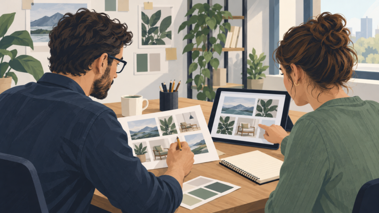 Two illustrated colleagues checking social post drafts on paper and a tablet before publishing.