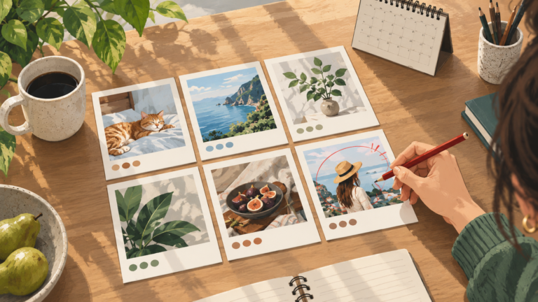 Illustrated hand checking a set of social content cards with a red pencil beside a calendar.