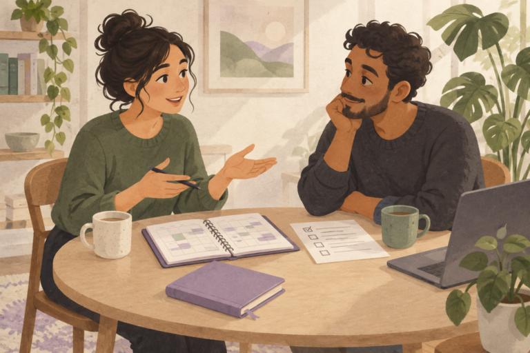 Illustration of two adults discussing a coaching appointment with a planner and intake checklist