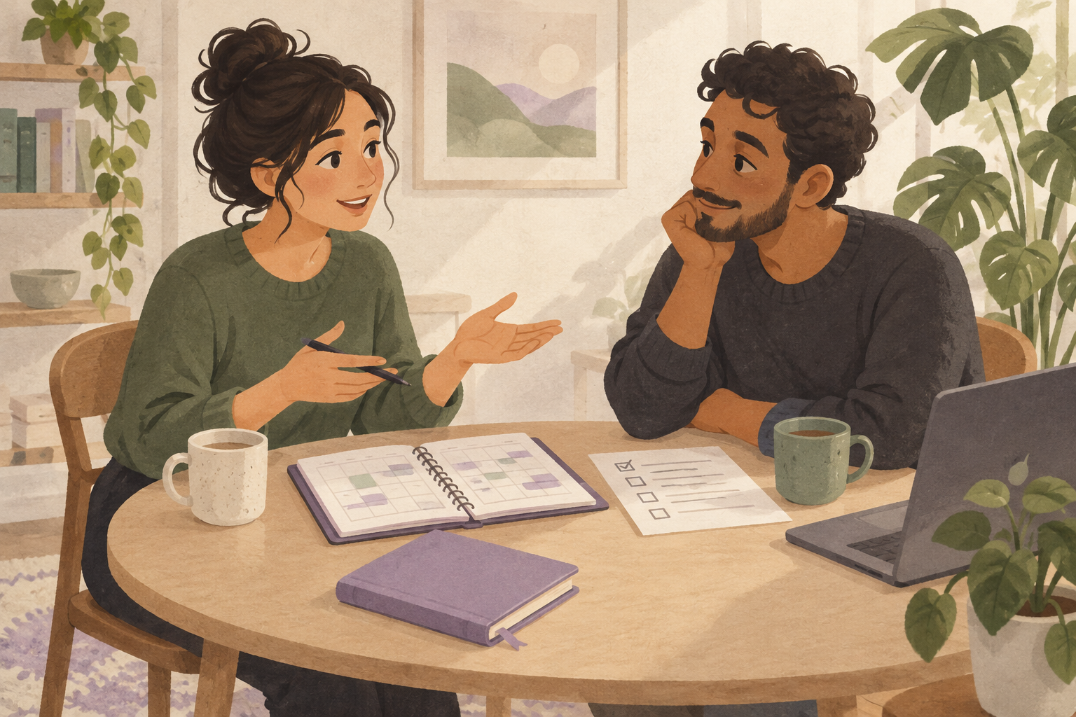 Illustration of two adults discussing a coaching appointment with a planner and intake checklist