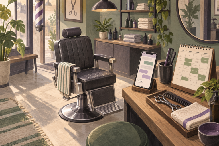 Illustrated barber chair and service desk with a phone conversation, appointment board and barber tools