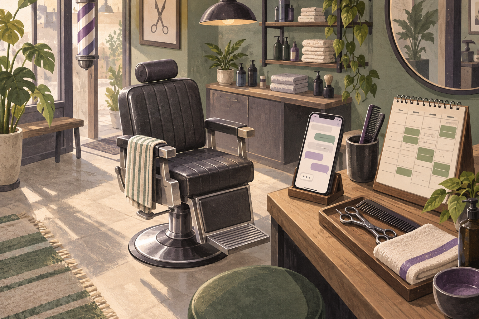 Illustrated barber chair and service desk with a phone conversation, appointment board and barber tools