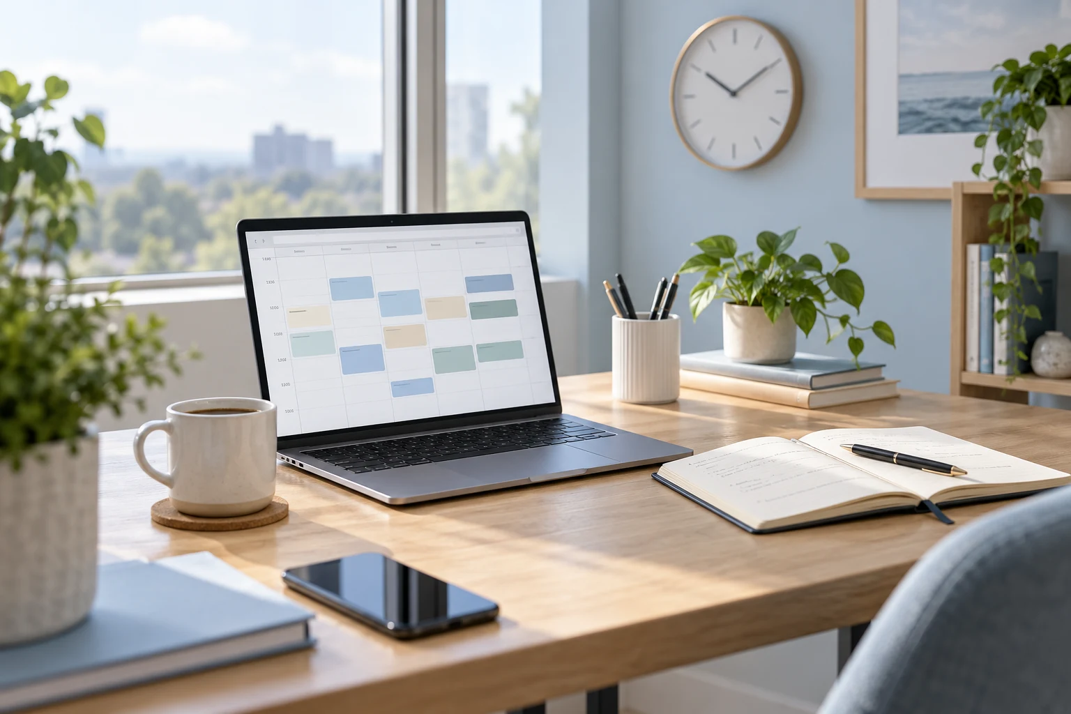 Weekly meeting calendar on a laptop beside a notebook and wall clock