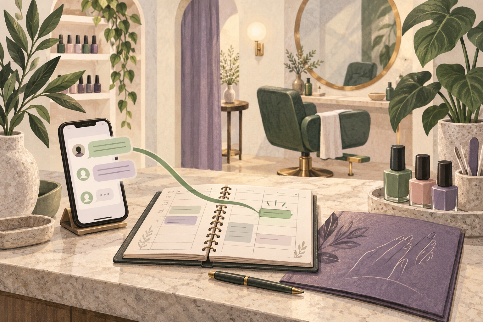 Illustration of a salon phone conversation beside an appointment planner and nail service supplies