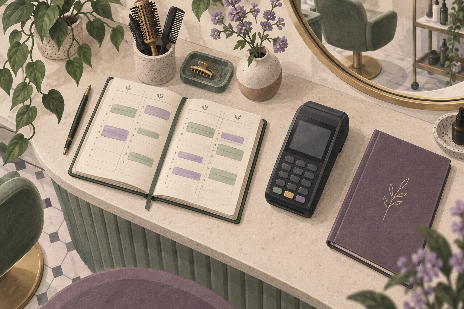 Overhead illustration of a salon appointment diary beside a card terminal and service menu
